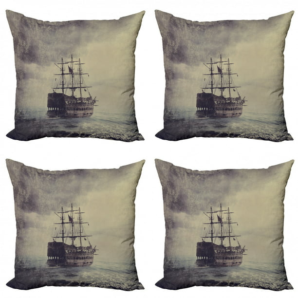 L1 Nautical Throw Pillow Cover 16”x16” Set of 4 Farmhouse Ocean Anchor Sailboat Light House Decorative Sofa Pillow Cover-Coastal Navy Blue Waves Vintage World Map Decor for Couch Patio Bed Car 